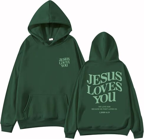 TONGCHEN Jesus Loves You هوديي ريترو كريستيان جرافيك آية الكتاب المقدس هوديي بلون سادة كنزة صوفية بقلنسوة in Saudi Arabia