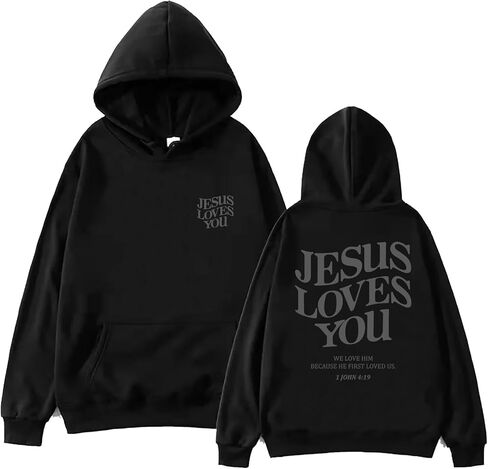 TONGCHEN Jesus Loves You هوديي ريترو كريستيان جرافيك آية الكتاب المقدس هوديي بلون سادة كنزة صوفية بقلنسوة in Saudi Arabia