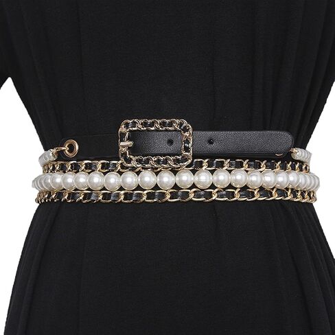 Fashion Versatile Pearl Decoration Leather Belt Women's Dress Pants Skirt Long Waist Decoration Waist Chain (Color : Black/Gold, Size : 315cm) in Saudi Arabia
