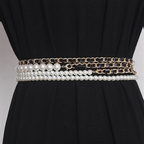 Fashion Versatile Pearl Decoration Leather Belt Women's Dress Pants Skirt Long Waist Decoration Waist Chain (Color : Black/Gold, Size : 315cm) in Saudi Arabia