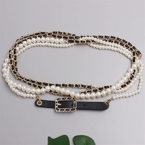 Fashion Versatile Pearl Decoration Leather Belt Women's Dress Pants Skirt Long Waist Decoration Waist Chain (Color : Black/Gold, Size : 315cm) in Saudi Arabia