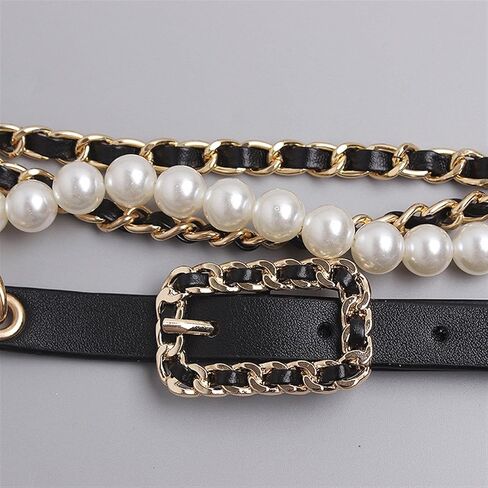 Fashion Versatile Pearl Decoration Leather Belt Women's Dress Pants Skirt Long Waist Decoration Waist Chain (Color : Black/Gold, Size : 315cm) in Saudi Arabia