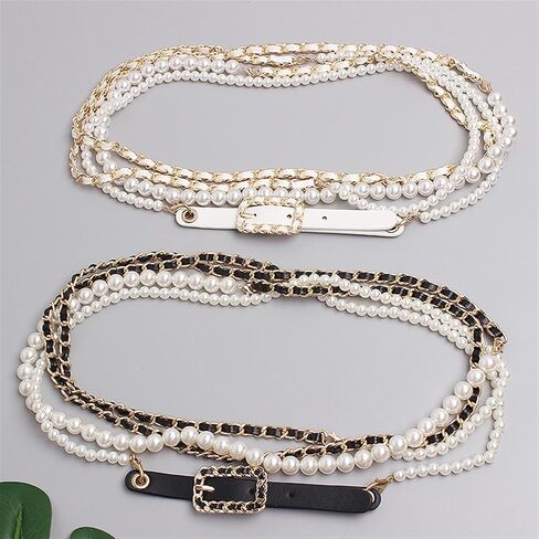 Fashion Versatile Pearl Decoration Leather Belt Women's Dress Pants Skirt Long Waist Decoration Waist Chain (Color : Black/Gold, Size : 315cm) in Saudi Arabia