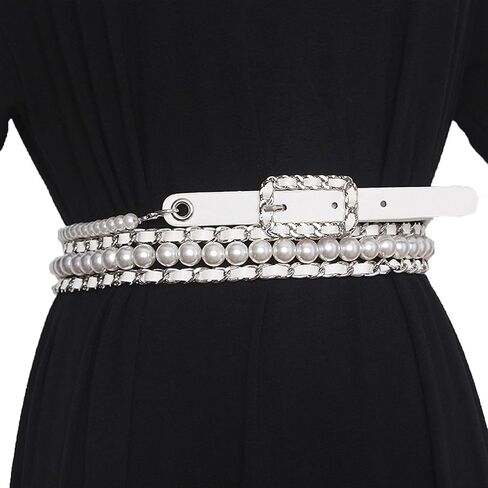 Fashion Versatile Pearl Decoration Leather Belt Women's Dress Pants Skirt Long Waist Decoration Waist Chain (Color : Black/Gold, Size : 315cm) in Saudi Arabia