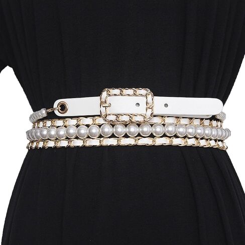 Fashion Versatile Pearl Decoration Leather Belt Women's Dress Pants Skirt Long Waist Decoration Waist Chain (Color : Black/Gold, Size : 315cm) in Saudi Arabia
