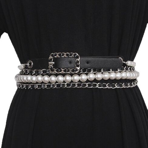 Fashion Versatile Pearl Decoration Leather Belt Women's Dress Pants Skirt Long Waist Decoration Waist Chain (Color : Black/Gold, Size : 315cm) in Saudi Arabia