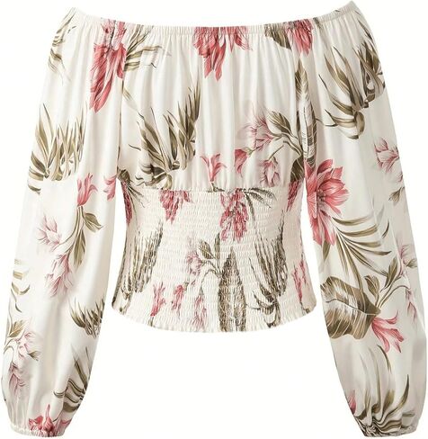 SOLY HUX Women's Floral Blouse Off The Shoulder Lantern Long Sleeve Smocked Boho Vacation Tops in Saudi Arabia