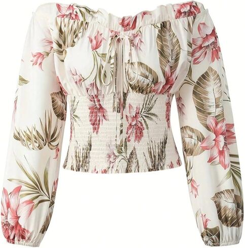 SOLY HUX Women's Floral Blouse Off The Shoulder Lantern Long Sleeve Smocked Boho Vacation Tops in Saudi Arabia