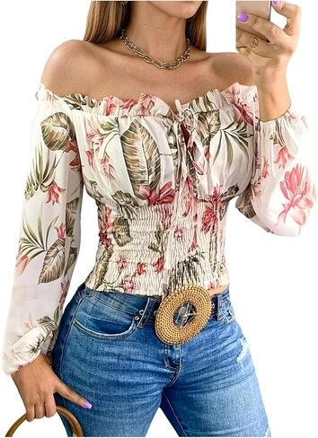 SOLY HUX Women's Floral Blouse Off The Shoulder Lantern Long Sleeve Smocked Boho Vacation Tops in Saudi Arabia
