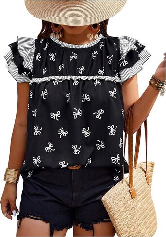 WDIRARA Women's Plus Size Bow Print Blouse Top Ruffle Cap Sleeve Shirt Babydoll Layered Casual Tops in Saudi Arabia