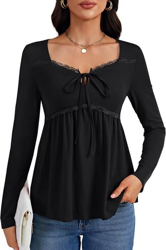 Rooscier Women's Sweetheart Neck Tie Knot Contrast Lace Ruched Long Sleeve Ruffle Blouse Top Shirt in Saudi Arabia