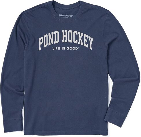 Life is Good. Men's Pond Hockey Arch Long Sleeve Crusher Tee, Darkest Blue in Saudi Arabia
