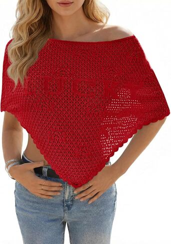 Fisoew Womens Crochet Cover Up Summer Sheer Ponchos Shawl Boho Beach Vacation Off The Shoulder Knit Tops Swimsuit Coverups in Saudi Arabia