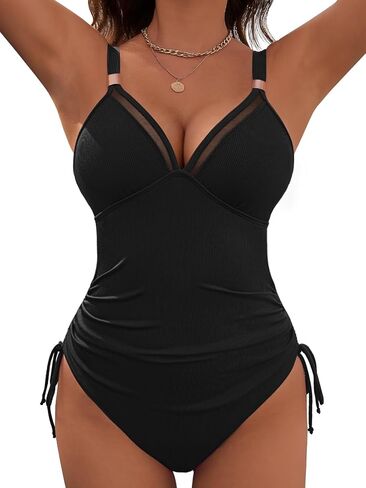 Dridreo Womens Tummy Control One Piece Swimsuit Ribbed Slimming Mesh Bathing Suit Metal Tie Knot Swim Suits in Saudi Arabia