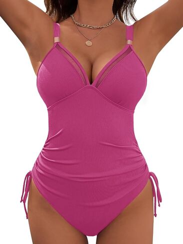 Dridreo Womens Tummy Control One Piece Swimsuit Ribbed Slimming Mesh Bathing Suit Metal Tie Knot Swim Suits in Saudi Arabia