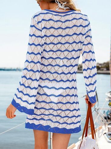 CUPSHE Women's Crochet Swimsuit Cover Ups Summer Striped Long Sleeve Beach Coverup Dress for Swimwear in Saudi Arabia