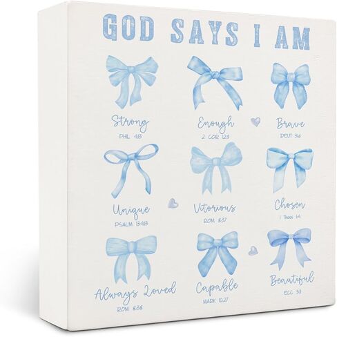 علامات خشبية للحمام المسيحي من OVAcational Coquette Blue Bow، ديكور غرفة Coquette، يقول الله الأزرق أنا علامة صندوق خشبي، ديكور آية الكتاب المقدس القوس Preppy للفتيات غرفة نوم مكتب رف الطاولة 5x5 بوصة in Kuwait