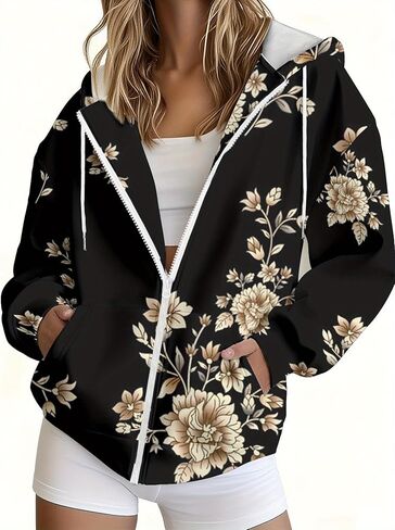 Women Floral Print Christmas Hoodie Zip Up Front Sweatshirts Dark Blue White Daisy Design Casual Formal Outfit Essential Coat in Saudi Arabia