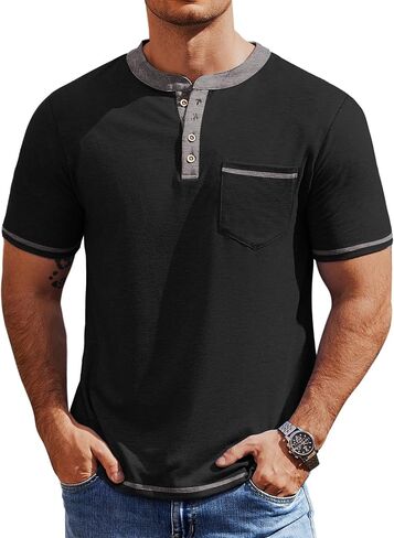 COOFANDY Mens Henley Shirts Short Sleeve Casual Button T-Shirts Basic Tee Shirts Summer Vintage T Shirts with Pocket in Kuwait