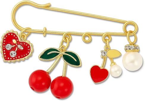 Cherry Heart Brooch Pin for Women, Gold Safety Pins Red Fruit Pearl Charms Cute Enamel Y2K Aesthetic Jewelry for Jackets Sweaters Pants Bags Gift in Saudi Arabia
