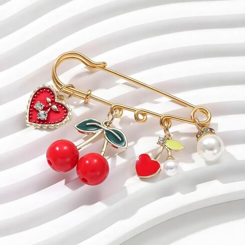 Cherry Heart Brooch Pin for Women, Gold Safety Pins Red Fruit Pearl Charms Cute Enamel Y2K Aesthetic Jewelry for Jackets Sweaters Pants Bags Gift in Saudi Arabia