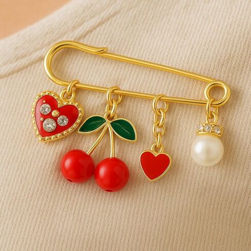 Cherry Heart Brooch Pin for Women, Gold Safety Pins Red Fruit Pearl Charms Cute Enamel Y2K Aesthetic Jewelry for Jackets Sweaters Pants Bags Gift in Saudi Arabia