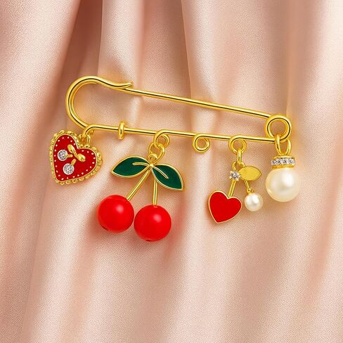 Cherry Heart Brooch Pin for Women, Gold Safety Pins Red Fruit Pearl Charms Cute Enamel Y2K Aesthetic Jewelry for Jackets Sweaters Pants Bags Gift in Saudi Arabia