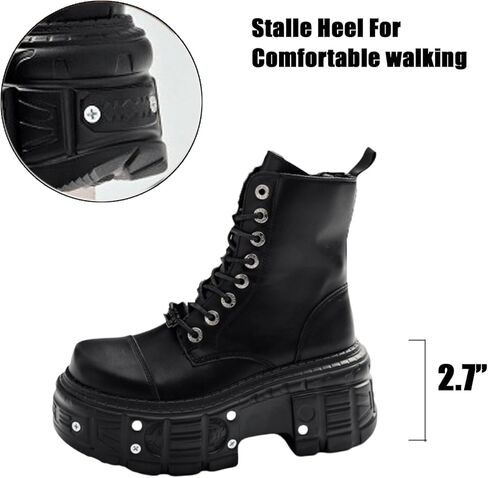 AZAGNEEM women platform Goth Ankle Boots with Studded Buckle Lace up Chunky Block Heels Lug Sole Punk Motorcycle Combat Boots Round Toe Waterproof Chunky Wedge Heel Rave Short Booties in Saudi Arabia