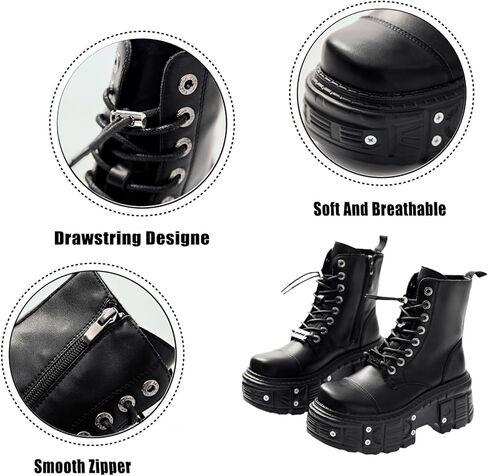 AZAGNEEM women platform Goth Ankle Boots with Studded Buckle Lace up Chunky Block Heels Lug Sole Punk Motorcycle Combat Boots Round Toe Waterproof Chunky Wedge Heel Rave Short Booties in Saudi Arabia