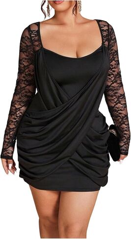 فستان نسائي من GORGLITTER مقاس كبير من الدانتيل للخريف كاجوال ملفوف مكشكش بأكمام طويلة وحفلات الكوكتيل وحفلات أعياد الميلاد in Kuwait