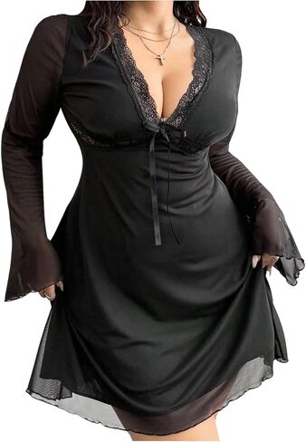 Floerns Women's Plus Size Lace Dress Mesh Bowknot A Line V Neck Party Going Out Dresses in Kuwait