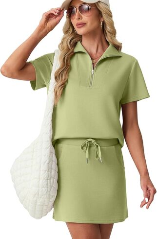 GRECERELLE Women's Summer 2 Piece Skort Set Half Zip Short Sleeve Top & Pocketed Tennis Skirt For Sports & Vacations. in Saudi Arabia