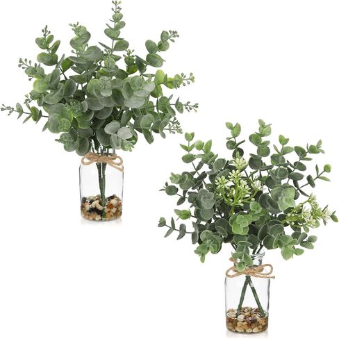 Briful 11.8" Artificial Eucalyptus Stem in Glass Vase with Faux Water – Small Fake Plant with Decorative Stones – Eucalyptus Leaves Artificial White Seeds Decor for Indoor Tabletop Shelf Office in Saudi Arabia