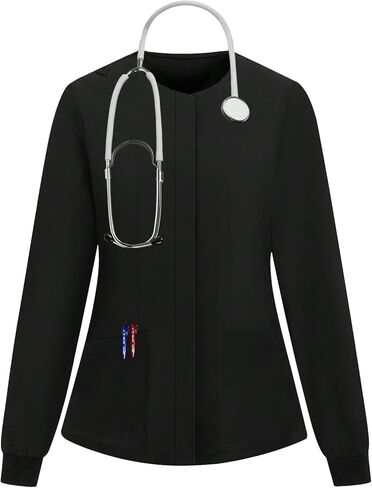 سترات Cimmuovere Scrub للنساء، بأكمام طويلة، للتدفئة، أسود، تصميم احترافي، جيوب أمامية بسحاب in Kuwait