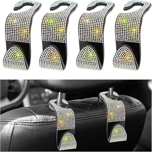 4 PCS Car Seat Headrest Hooks, Bling Crystal Rhinestone Back Seat Hanger Storage Organizer, Sparkly Seatback Holder Hooks for Purse and Bags Universal For Most Vehicles (Black) in Kuwait