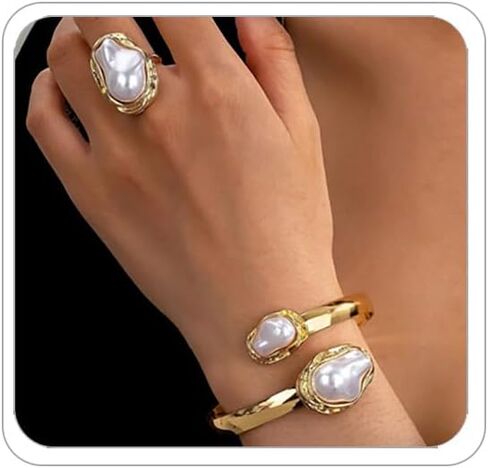 ANGLEQUEEN Chunky Cuff Bracelets Rings For Women Rhinestone Pearls Bracelet Ring Set Gold Chunky Bangle Bracelets Rings Set Prom Jewelry Sets for Women in Saudi Arabia