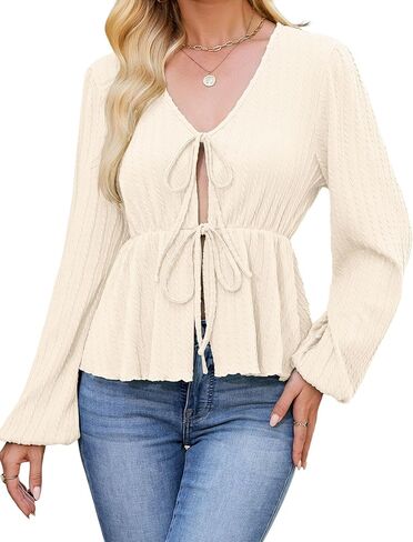 ZAFUL Women's V Neck Knit Top 2025 Long Sleeve Tie Front Shirts Tunics Flowy Rib Blouse Y2k Fall Outfit in Saudi Arabia