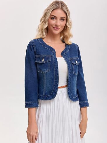 CIMUK Women's Denim Jacket Collarless 2026 Cardigan 3/4 Sleeve Jean Jackets in Saudi Arabia