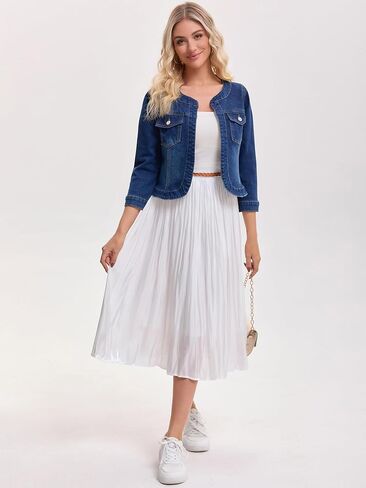 CIMUK Women's Denim Jacket Collarless 2026 Cardigan 3/4 Sleeve Jean Jackets in Saudi Arabia