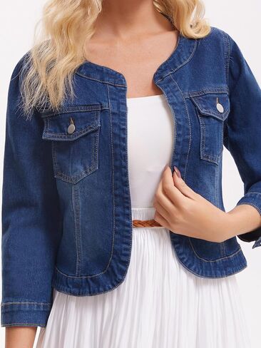 CIMUK Women's Denim Jacket Collarless 2026 Cardigan 3/4 Sleeve Jean Jackets in Saudi Arabia
