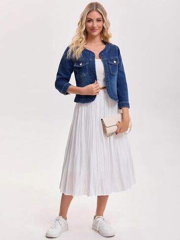 CIMUK Women's Denim Jacket Collarless 2026 Cardigan 3/4 Sleeve Jean Jackets in Saudi Arabia