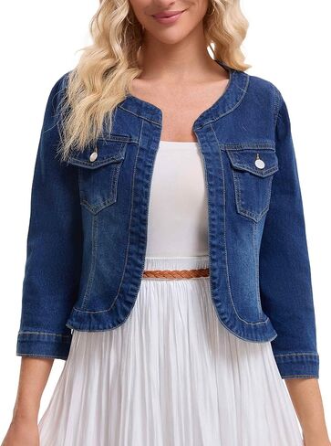 CIMUK Women's Denim Jacket Collarless 2026 Cardigan 3/4 Sleeve Jean Jackets in Saudi Arabia