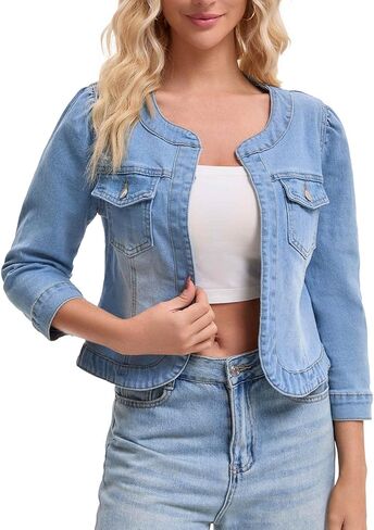CIMUK Women's Denim Jacket Collarless 2026 Cardigan 3/4 Sleeve Jean Jackets in Saudi Arabia