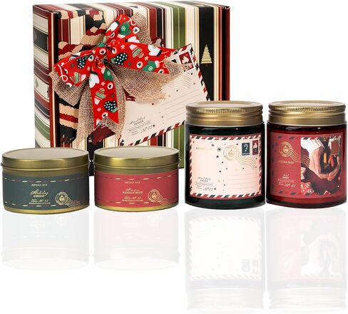 Aroma Bay 4 Pack Glass Jar & Tin Candle Set with Card, Gift for Coworkers, Long-Lasting 150 Hours, Birthday Gifts for Women/Men, BBF Gift(Scented-Fresh Frasier, Red Berry, Vanilla Mint, Holiday Cheer in Saudi Arabia
