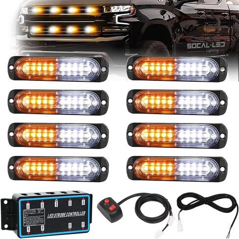 SOCAL-LED LIGHTING LED Grille Lights for Trucks 8Pcs Surface Mount Emergency Harzard Warning Strobe Light Kit 12-24V Super Bright Amber White LED 14 Flashing Pattern with Control Box in Saudi Arabia