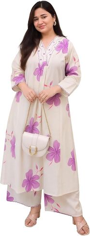 HA HEAVENLY ATTIRE Women's Cotton Printed V-Neck Embrodriery Straight Kurta With Palazzo in Saudi Arabia