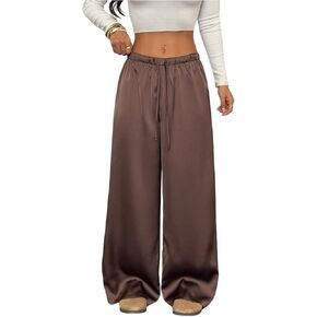 SOLY HUX Women's Satin Pants Fall Drawstring Waist Straight Leg Casual Loose Trousers in Kuwait