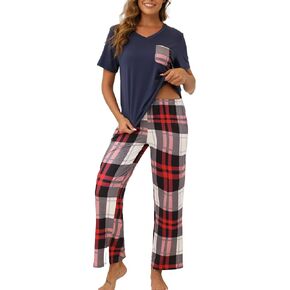 Luwnlorder Womens Pajama Sets 2 Piece Short Sleeve Pjs Tops and Long Pants Sleepwear Lounge Set with Pocket in Saudi Arabia