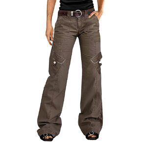 Flamingals Straight Leg Mid Waist Stitch Detail with Flap Pocket Cargo Pants Without Belt in Kuwait