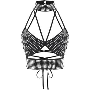 OYOANGLE Women's Rhinestone Beaded Cut Out Camisoles Sleeveless Strappy Backless Party Crop Top Going Out Tops in Saudi Arabia